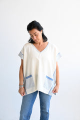 Ivory Blue Tribeca Short V Neck Tunic on model in denim