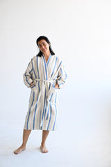 blue-ivory-Montauk-long-robe home & loft bathrobe in turkish cotton striped linen