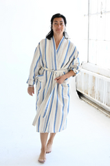 blue-ivory-Montauk-long-robe home & loft bathrobe in turkish cotton striped linen