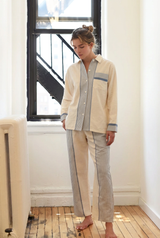 Ivory blue Tribeca pajamas on the existing model