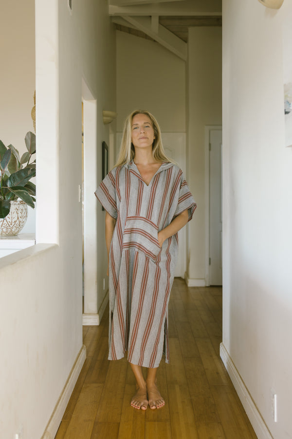 rust brown hooded maxi kaftan dress, home & loft, cotton dress, maxi dress