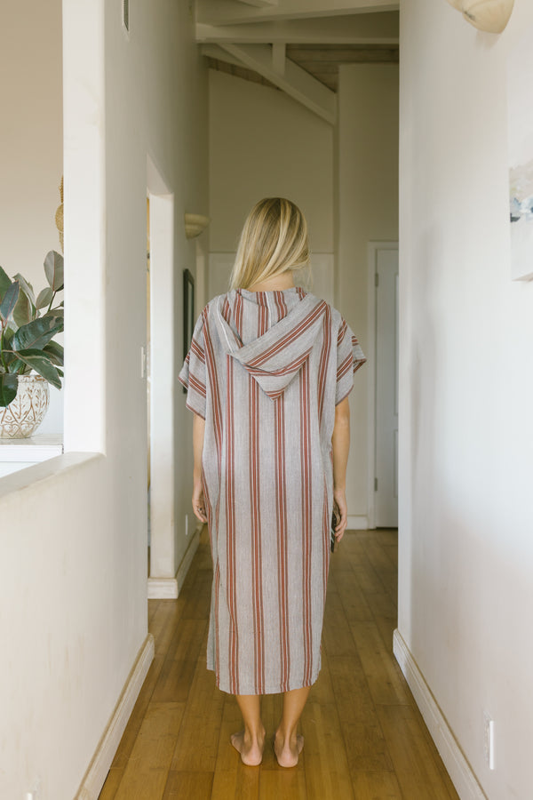 rust brown hooded maxi kaftan dress, home & loft, cotton dress, maxi dress