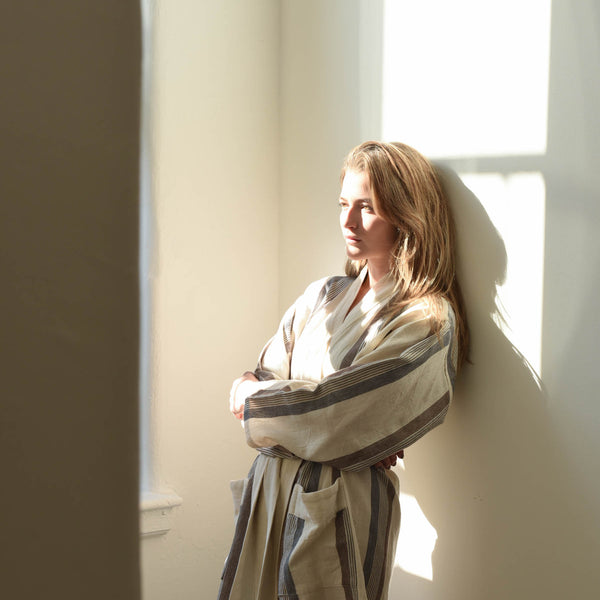 Brown Cream Turkish Cotton Bathrobe | Handwoven Long Robe – Home