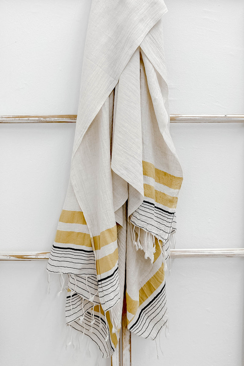 yellow and ivory striped lightweight scarf by home and loft, handwoven