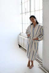 blue-ivory-Montauk-long-robe home & loft bathrobe in turkish cotton striped linen with model

