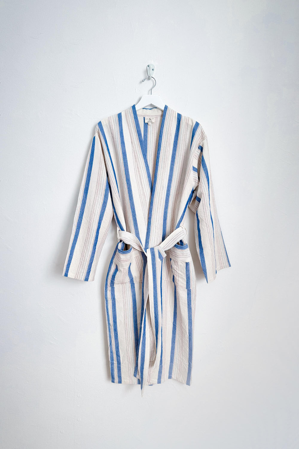 blue-ivory-long-robe home & loft bathrobe in turkish cotton striped linen