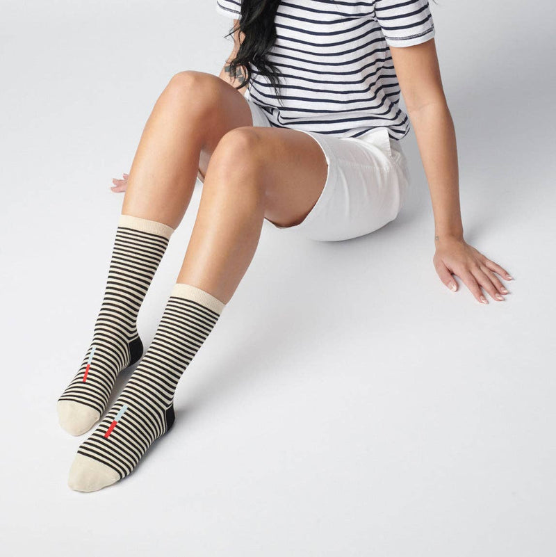 Cole Black and White Striped Crew Socks: Small (Women's 4 - 10)
