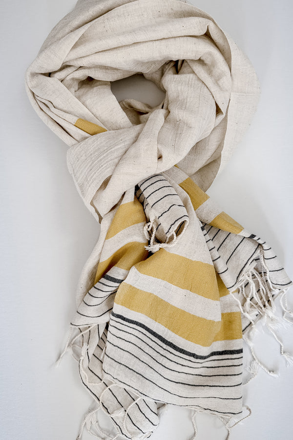 yellow and ivory striped lightweight scarf by home and loft, handwoven