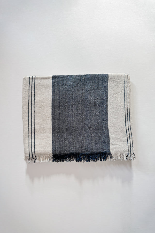 Natural Navy Striped Linen Blend Blanket