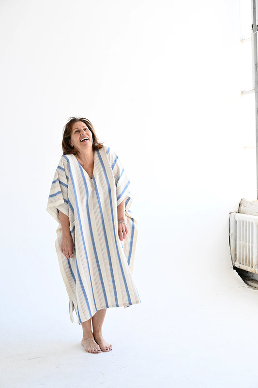 blue-ivory-vneck-kaftan by home & Loft turkish cotton beach loungewear laughing