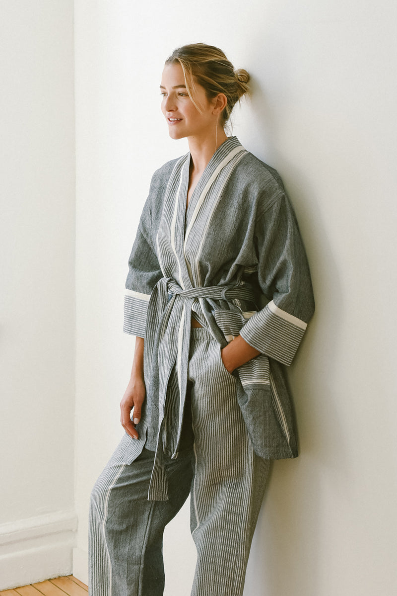 home and loft grey stripe tribeca short cotton bathrobe